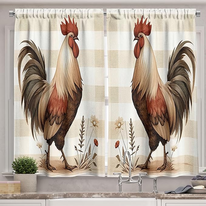 Ambesonne Rooster Kitchen Curtains, Modern Interpretation of Farmhouse Animal Floral with Beige Tones Plaid, Window Drapes 2 Panel Set for Kitchen Cafe Decor, 55" x 30", Tan Taupe and Dark Pink