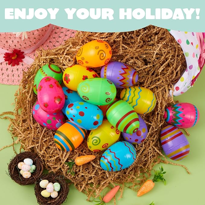 JOYIN Toy 24 PCs Plastic Printed Bright Easter Eggs, Over 3.15'' Tall Fillable Empty Eggs Bulks for Easter Hunt, Basket Stuffers Fillers, Classroom Prize Supplies, Filling Treats and Party Favor