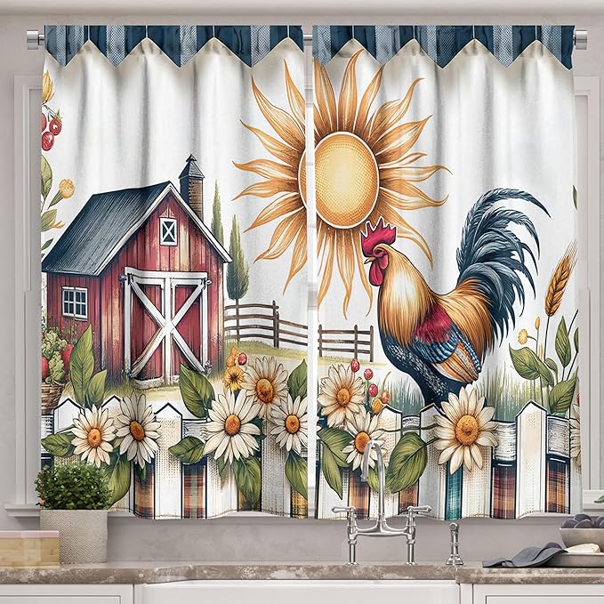 Ambesonne Barn Themed Kitchen Curtains, Retro Farmhouse Scene Sun Rooster with Leafy Daisy Floral Details, Window Drapes 2 Panel Set for Kitchen Cafe Decor, 55" x 24", Slate Blue Orange Green