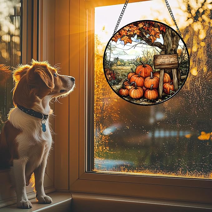 Stained Glass Window Hanging Fall Farm Scenery Maple Trees Pumpkin Large 11.8" - Suncatcher Door Garden Kitchen Sun Catcher Autumn Decor Birthday for Mom Nana Men Woman Friend