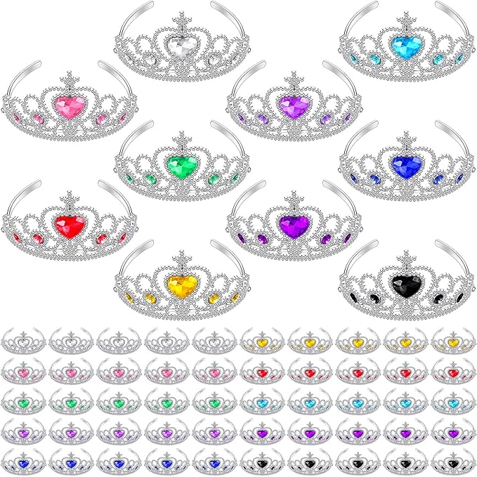 Bonuci 60 Pack Kids Tiara Crown Set Dress up Costume Party Accessories Princess Crown with Heart Stones Plastic Headband for Little Girls Women Toddler Birthday Valentine Favors