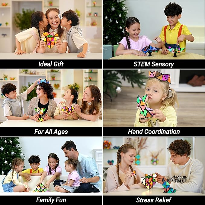 TOSY Magnet Pyramid Stone - 1 Cube Transforms into 1 Billion Shapes, 14 pcs (12 Puzzle pcs and 2 Spinners), 243 Magnets, Christmas Stocking Stuffers Gift for Kids, Creative Puzzle STEM Toy, 4-Pack