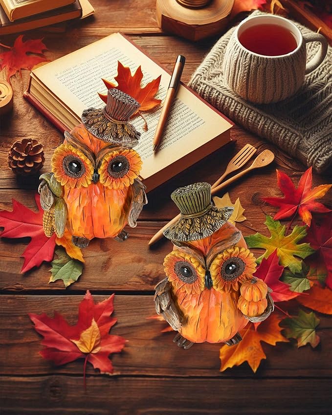 2-Pack Resin Thanksgiving Owl Figurine 4.7'' - Thanksgiving Table Decor Haverst Pumpkins Corns Decorations Indoor Autumn Centerpieces Favors Gifts for Women All Ages (Owls)