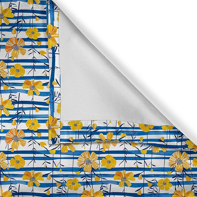 Ambesonne Floral Valance & Tier Curtain 3 pcs Set, Contemporary Coastal Vibe Flowers with Horizontal Brushstroke Lines, Window Treatments for Kitchen Room Decor, 55" x 30", Mustard Cobalt Blue White