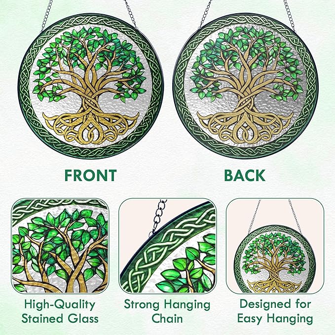FLAGWIX Tree of Life Gifts for Women Men - Stained Glass Window Hanging 8 in - Birthday Gifts for Mom Grandma, Tree of Life Decorations Indoor, Celtic Suncatchers Garden Decor