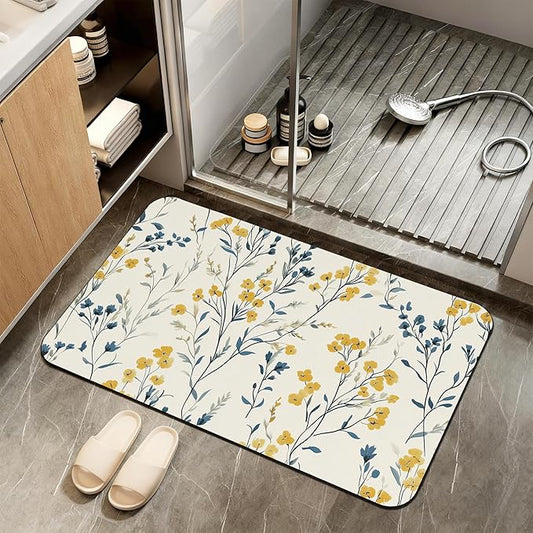 Blue Leaves Bath Mat,Yellow Berries Diatomaceous Earth Bath Mat,Rubber Backing Quick Dry Absorbent Washable Bathroom Rugs for Tub Non Slip 17"x29.5"