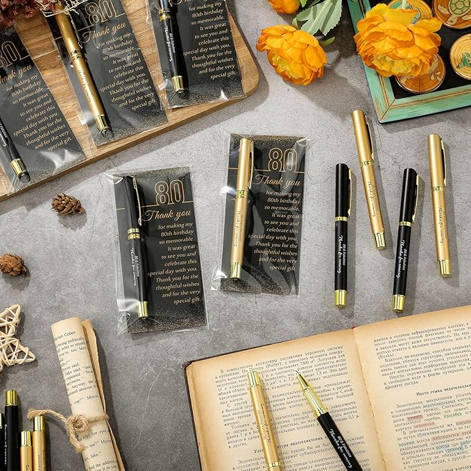 50 Set 80th Birthday Party Favor for Guest Anniversary Party Favor with Black and Gold Ballpoint Pens and Thank You Cards for Women Men Birthday Anniversary Appreciation Gifts