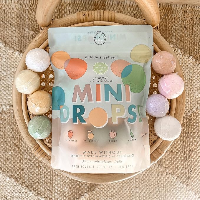 Dabble & Dollop Mini Bath Bombs, 100% Natural Droplets for Kids, Fresh Fruit Scents - Resealable Pouches, Fizzy, Moisturizing & Fun, Vegan, Gluten-Free, Cruelty-Free (Set of 24)