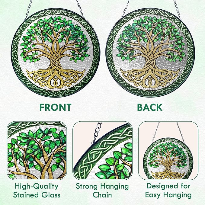 FLAGWIX Tree of Life Gifts for Women Men - Stained Glass Window Hanging 10 in - Birthday Gifts for Mom Grandma, Tree of Life Decorations Indoor, Celtic Suncatchers Garden Decor
