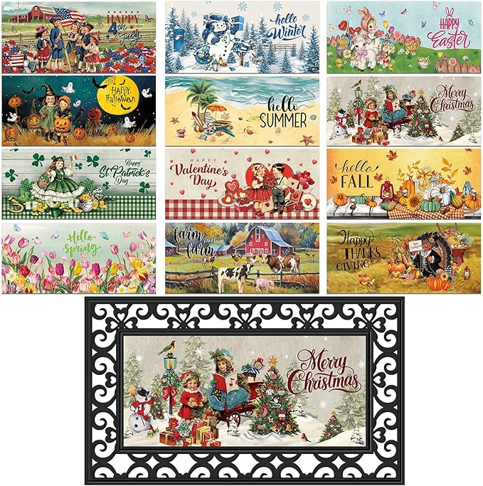 Nuanchu 12 Pcs Seasonal Door Mat Interchangeable Doormat Inserts Entrance Welcome Mats 22 x 10 Inches Non Slip Mats Gifts for Front Door Christmas Thanksgiving Decoration (No Frame)(Retro)