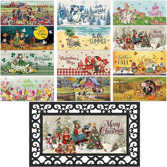 Nuanchu 12 Pcs Seasonal Door Mat Interchangeable Doormat Inserts Entrance Welcome Mats 22 x 10 Inches Non Slip Mats Gifts for Front Door Christmas Thanksgiving Decoration (No Frame)(Retro)