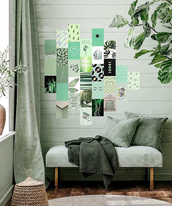 HAUS AND HUES Sage Green Wall Decor - Green Wall Art Aesthetic Posters for Wall Collage, Aesthetic Collage Kit Sage Wall Decor (4" x 6", Set of 30)