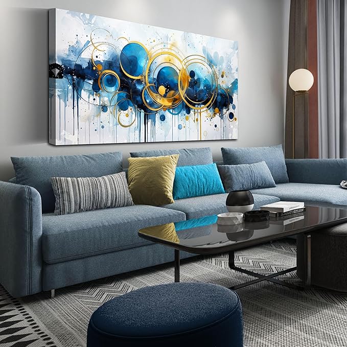 JKWALL77 Big Abstract Canvas Wall Art for Living Room - Blue Modern Wall Decor Ready to Hang Size 29" x 59"