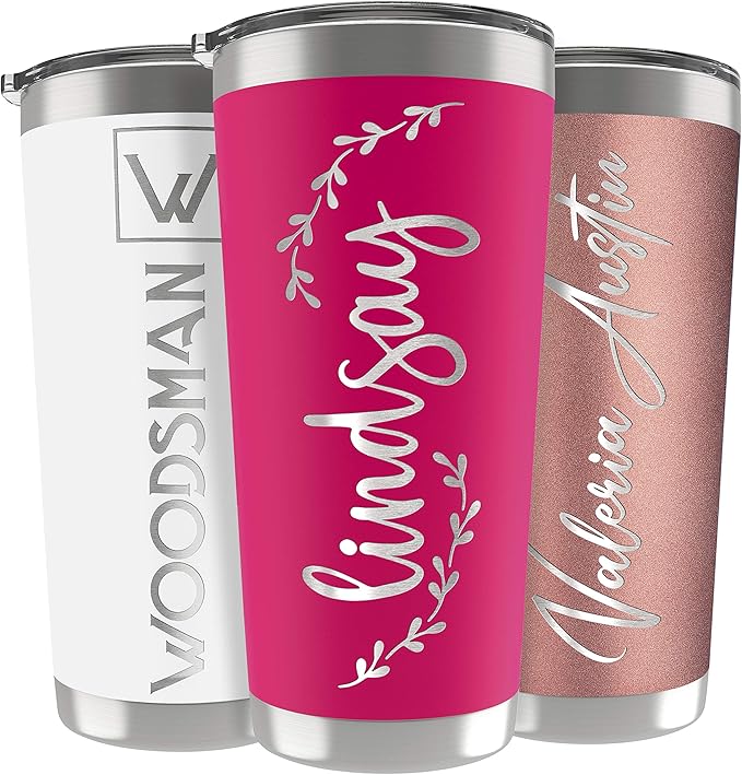 Personalized Gifts For Women - 20 Oz. Custom Tumblers w/Lid, Hot Pink - Insulated Travel Coffee Mugs - Optional Straw Set, Stainless Steel Double Wall Coffee Tumbler, Personalized Cups