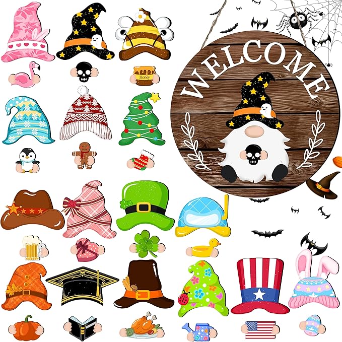 Seasonal Gnome Wall Decor Set, 11.8 inch Autumn Wooden Round Sign with Interchangeable Holiday Hats, Halloween Welcome Door Hanging (Brown-3)
