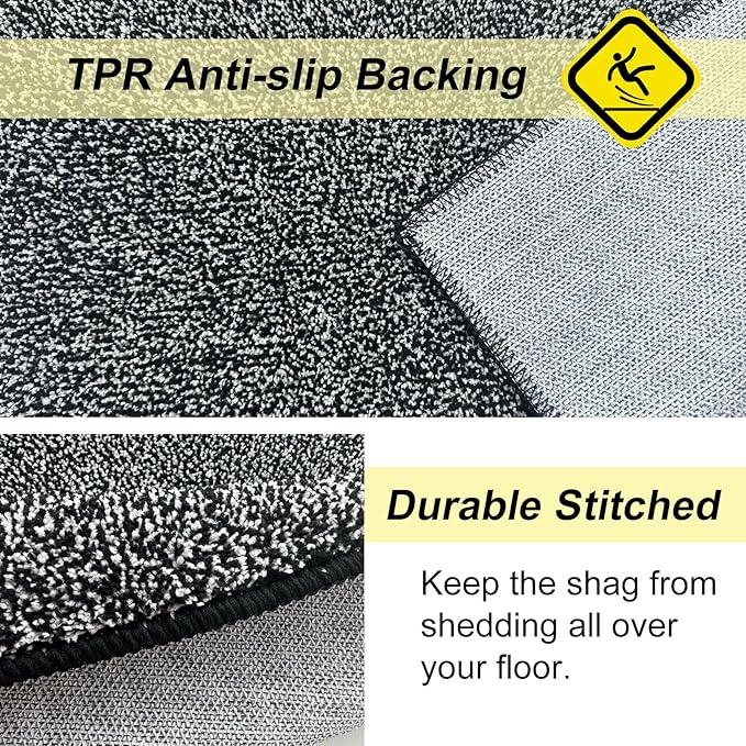 HDFK Bathroom Rugs Runner | Non Slip Washable Bath Mats 60x24 Inches 2 Tone Plush Chenille Medium Pile Floor Mat | Ultra Absorbent Black and White Shower Rug | Long Transition for Wet Dry Zone