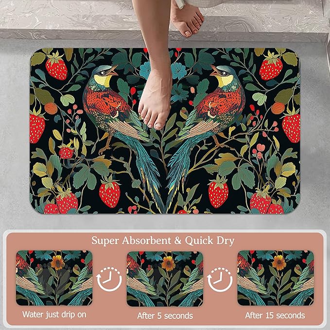 Bath Mat,Strawberry Bird Bathroom Rugs,Quick-Drying Non-Slip Rubber Bath Mats Flower Leaf Absorbent Diatomaceous Earth Mat for Bathroom Home Decor 17"x29.5"