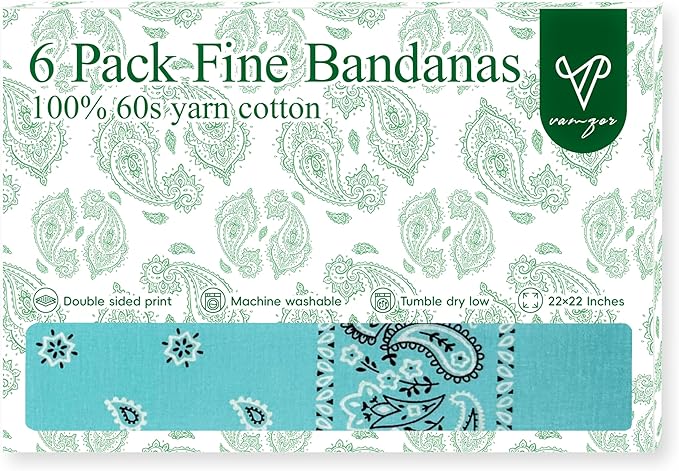 Vamqor Bandanas Gift Box 6 pack,Premium Super Soft 60s Cotton Paisley Bandannas Handkerchiefs for Men,Women and Kids