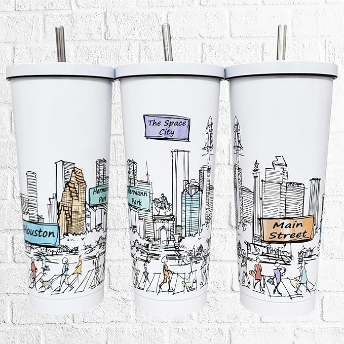 Cities Around the World 25 Oz Tumbler Series - Designed in the USA - Vacuum Insulated Tumbler with Lids & Straw - Stainless Steel Coffee Water Travel Mug, for Hot Cold Drink (Houston)
