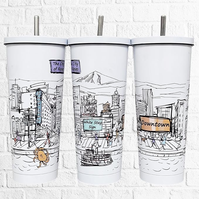 Cities Around the World 25 Oz Tumbler Series- Designed in the USA- Vacuum Insulated Tumbler with Lids Straw - Stainless Steel Coffee Water Travel Mug, Cup for Hot Cold Drink (Portland)