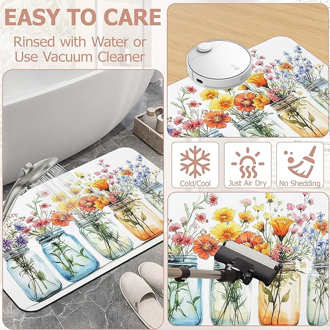 Color Floral Bath Mat,Diatomaceous Earth Bath Mat,Rubber Backing Quick Dry Absorbent Washable Bathroom Rugs for Tub Non Slip 17"x29.5"