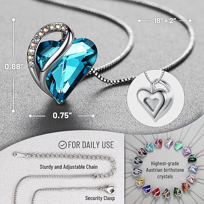 Leafael Valentine's Day Gift Necklaces for Women, Infinity Love Birthstone Heart Crystal Pendant, Birthday Anniversary Jewelry for Wife, Mom, and Her, Silver Plated, 18" + 2" Adjustable Chain