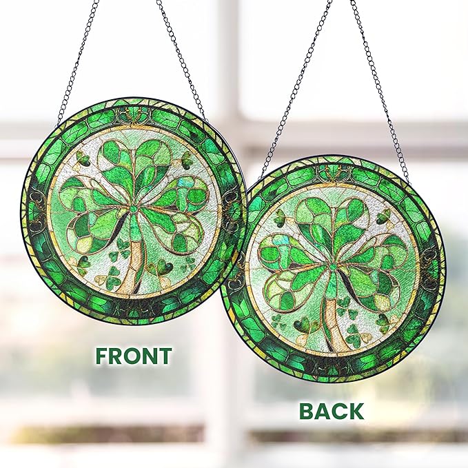 FLAGWIX Irish Gifts for Women Men - 100% Stained Glass Hanging Suncatcher 8 in - Birthday Irish Decorations for Family Friends, Shamrock Home Decor, St Patricks Day Decorations