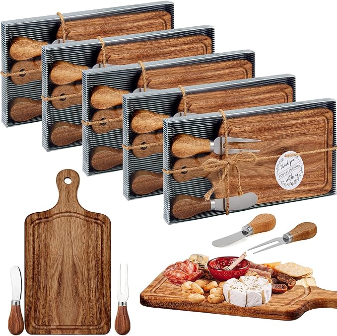 5 Sets Bridal Baby Shower Cheese Prizes Wooden Square Board Gift Set Knives Forks Thank You Tags with Box for Guests for Valentines Bridal Baby Shower Housewarming (Acacia Color)