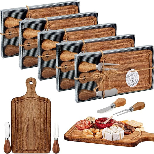 5 Sets Bridal Baby Shower Cheese Prizes Wooden Square Board Gift Set Knives Forks Thank You Tags with Box for Guests for Valentines Bridal Baby Shower Housewarming (Acacia Color)