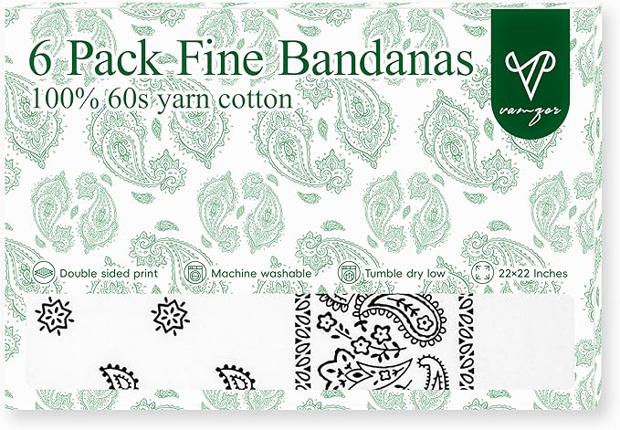 Vamqor Bandanas Gift Box 6 pack,Premium Super Soft 60s Cotton Paisley Bandannas Handkerchiefs for Men,Women and Kids