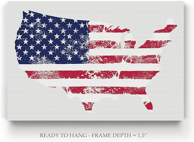 Renditions Gallery Canvas Patriotic Wall Art Home Paintings & Prints Vintage Faded American Flag Glam Modern White American Map Decorations for Bedroom Office Kitchen - 24"x32" LT25