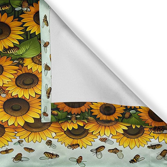 Ambesonne Sunflowers Window Valance, Summertime Inspired Farmhouse Floral Huddle with Leaves and Bees Print, Curtain Valance for Kitchen Bedroom Decor with Rod Pocket, 54" X 12", Mustard Reseda Green