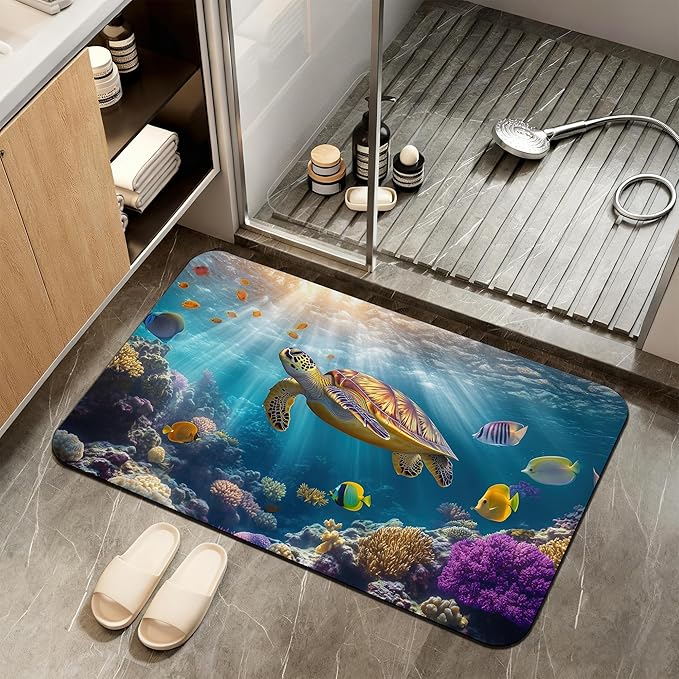 Diatomaceous Earth Bath Mat,Sea Turtle Bath Rugs,Fish Coral Colorful Non-Slip Thin Absorbent Fast Drying Easy to Clean for Bathroom Laundry Home Kitchen Door Mat 17x29.5Inch