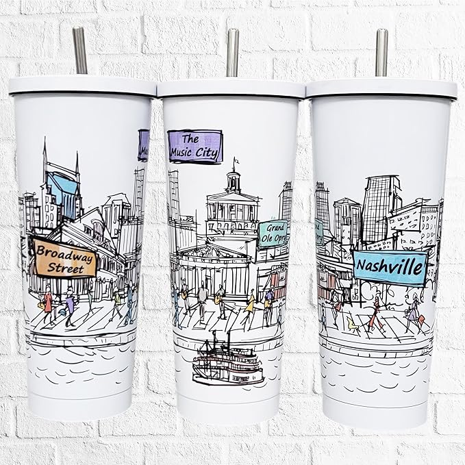 Cities Around the World 25 Oz Tumbler Series- Designed in the USA- Vacuum Insulated Tumbler with Lids Straw - Stainless Steel Coffee Water Travel Mug, Cup for Hot Cold Drink (Nashville)