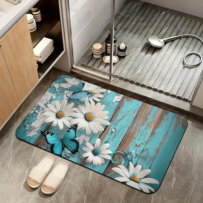 Diatomaceous Earth Bath Mat,White Daisy Bath Rugs,Vintage Wood Non-Slip Thin Absorbent Fast Drying Easy to Clean for Bathroom Laundry Home Kitchen Door Mat 17x29.5Inch