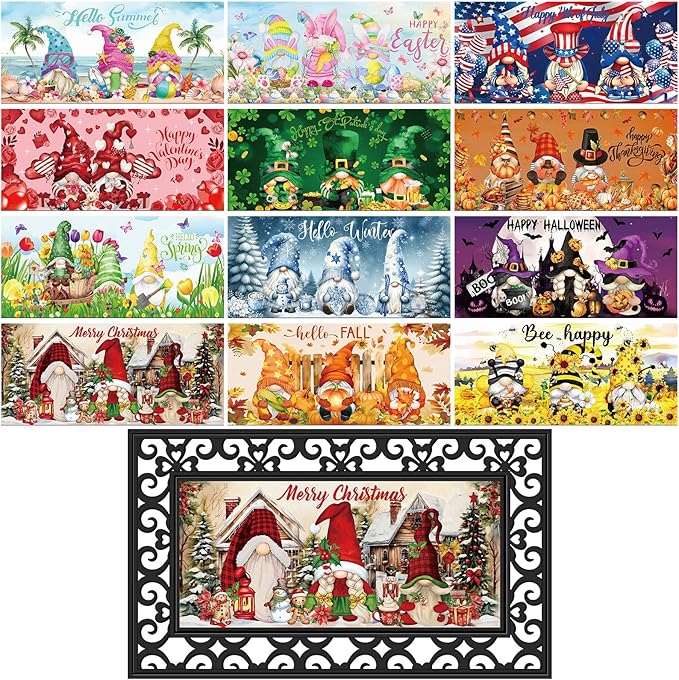 Nuanchu 12 Pcs Seasonal Door Mat Interchangeable Doormat Inserts Entrance Welcome Mats 22 x 10 Inches Non Slip Mats Gifts for Front Door Christmas Thanksgiving Decoration (No Frame)(Gnomes)
