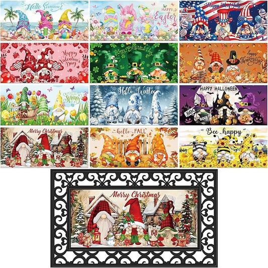 Nuanchu 12 Pcs Seasonal Door Mat Interchangeable Doormat Inserts Entrance Welcome Mats 22 x 10 Inches Non Slip Mats Gifts for Front Door Christmas Thanksgiving Decoration (No Frame)(Gnomes)