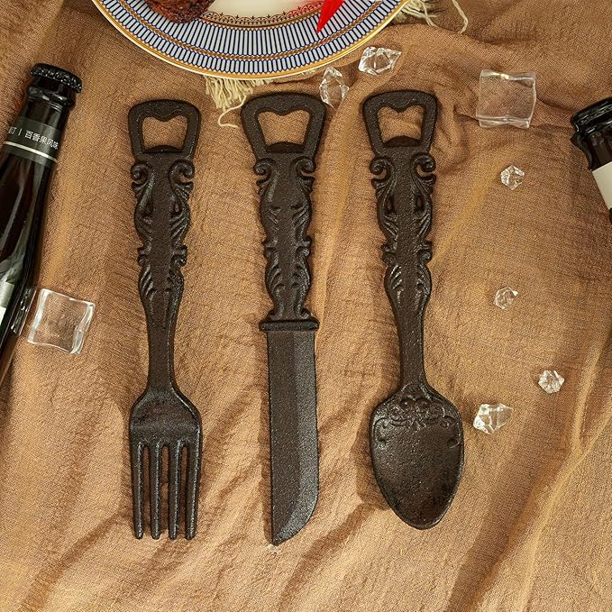 Sungmor Cast Iron Utensil Wall Décor Set with Bottle Opener - Vintage Fork, Spoon & Knife Wall Sculpture - Set of 3 Rustic Hanging Accents for Kitchen, Dining Room or Bar