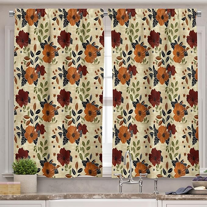 Ambesonne Floral Valance & Tier Curtain 3 pcs Set, Vintage Farmhouse Repetitive Flowers on Warm Tones on Brush Paint Back, Window Treatments for Kitchen Room Decor, 55" x 24", Maroon Amber Grey Yellow