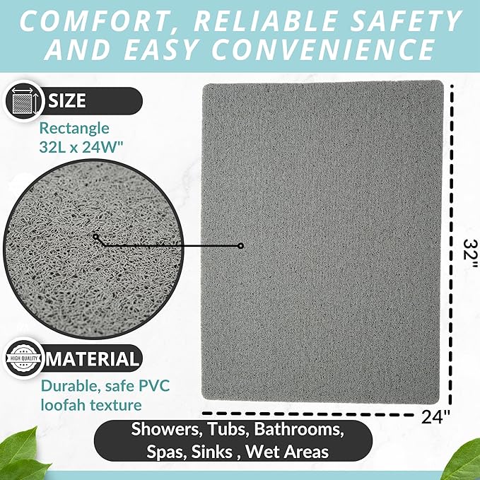 Enkosi Loofah Non-Slip Shower Mat - Shower Floors, Bathtub, Bathrooms, Wet Areas - Cushioned Bath Mat with Drain Holes - Quick Dry PVC, Secure Safety Pad Without Suction Cups (32x24 Grey)