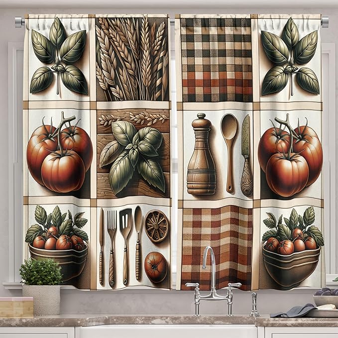 Ambesonne Farmhouse Kitchen Curtains, Nostalgia Tone Plaid Ornate Tomatoes and Wheats Print Country Feel, Window Drapes 2 Panel Set for Kitchen Cafe Decor, 55" x 39", Paprika Rust and Green