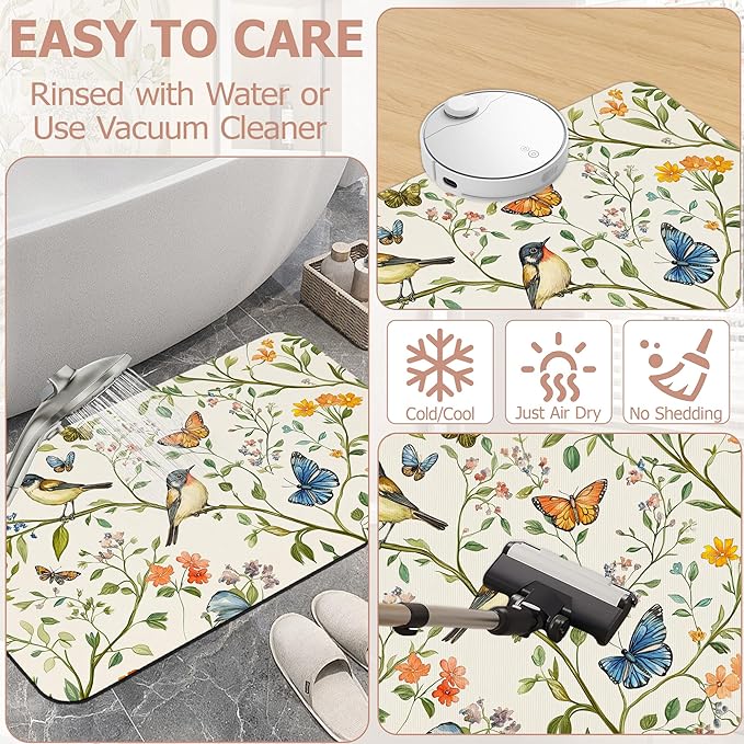 Diatomaceous Earth Bath Mat,Watercolor Birds Butterfly Bath Rugs,Non-Slip Thin Absorbent Fast Drying Easy to Clean for Bathroom Laundry Home Kitchen Door Mat 17x29.5Inch