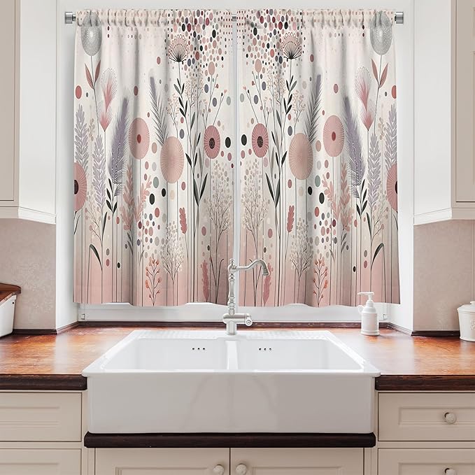 Ambesonne Floral Kitchen Curtains, Blushy Atmosphere Dreamy Lavender Flowers Geometric Petals and Dots, Window Drapes 2 Panel Set for Kitchen Cafe Decor, 55" x 30", Blush Lilac and Eggshell
