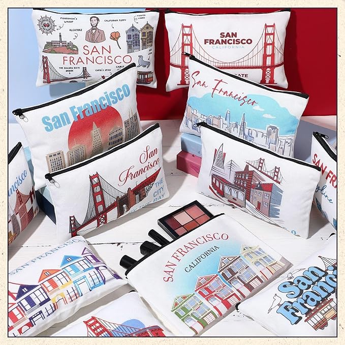 Reginary 12 Pcs City Souvenir Gifts Texas State Gifts Chicago City Souvenirs California Makeup Bag Paris San Francisco Alaska Zippered Cosmetic Bag for Women Traveler Souvenirs(San Francisco)