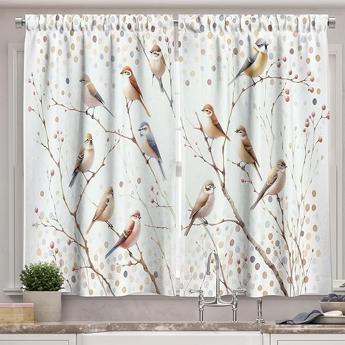 Ambesonne Birds Kitchen Curtains, Aquarelle Look Autumnal Scenario with Wingy Animals and Polka Dots Art, Window Drapes 2 Panel Set for Kitchen Cafe Decor, 55" x 36", Pastel Brown Purpleblue