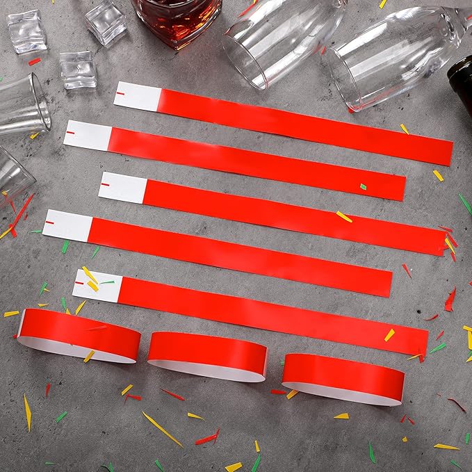 Tudomro 1200 Pack Plastic Paper Wristbands for Events Neon Party Wrist Bands Colored Waterproof Concert Identification Hand Bands Lightweight Adhesive Wristband(Red)