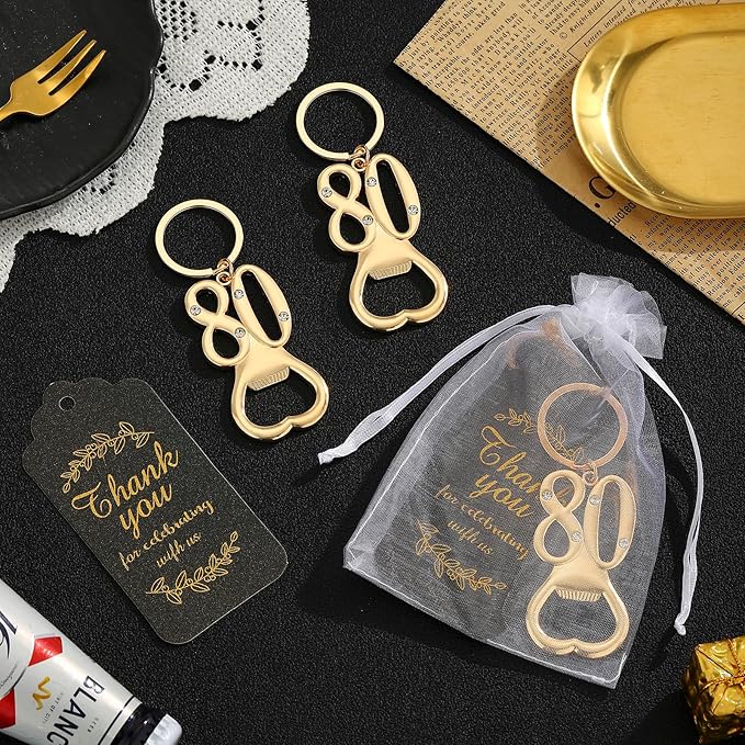 24 pcs 80th Gold Keychain Bottle Opener Birthday Party Favors for Guests,80th Beer Bottle Opener Favors Bulk for Birthday Anniversary Souvenirs Party Decor Supplies (Gold 80th)