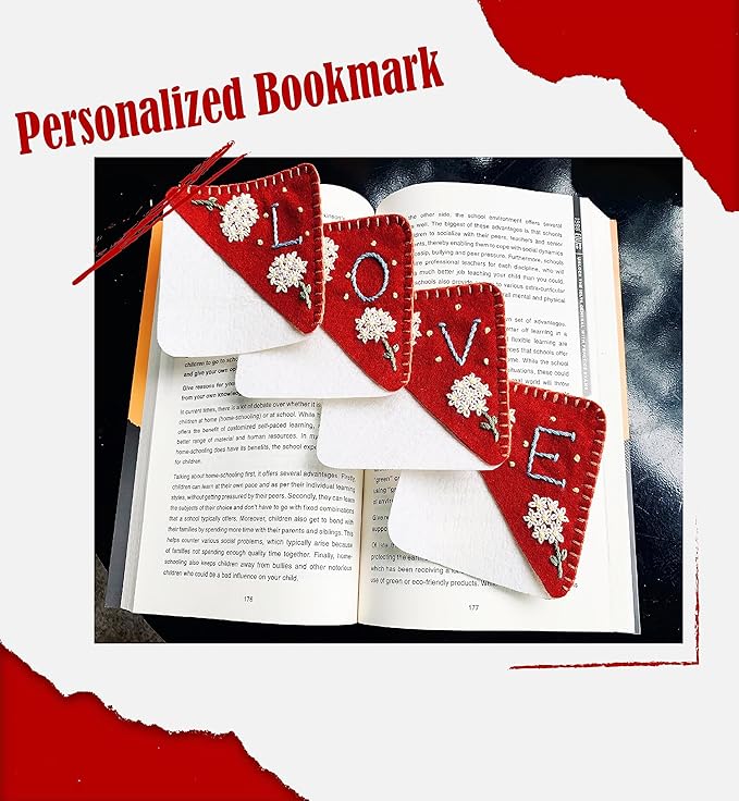 Personalized Hand Embroidered Corner Bookmark, Bookmarks for Women, Personalized Bookmark for Books, Cute Flower Book Mark, Hand Stitch Gift for Women for Book Lovers by HNQCPCVU (S, RED)