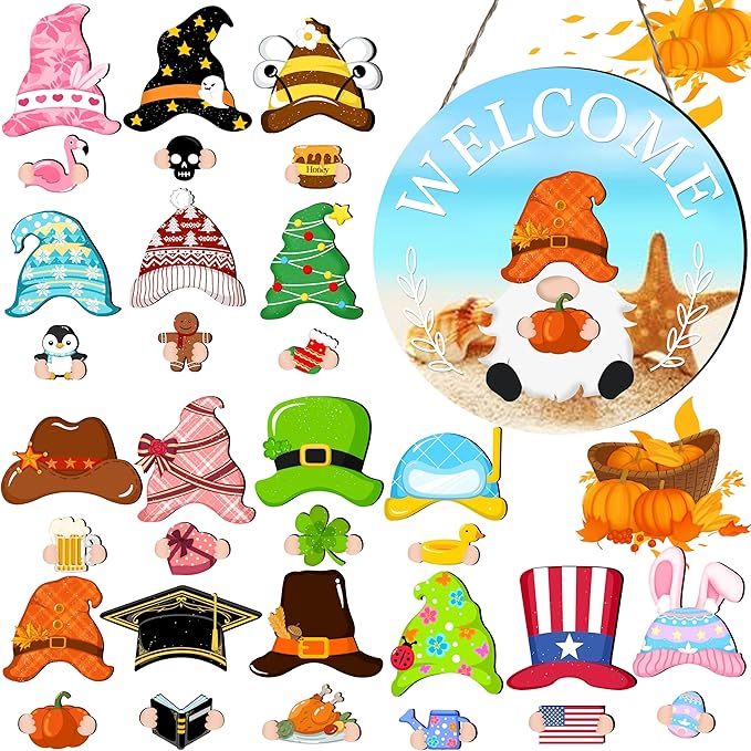 Seasonal Gnome Wall Decor Set, 11.8 inch Autumn Wooden Round Sign with Interchangeable Holiday Hats, Welcome Door Hanging (Blue-3)