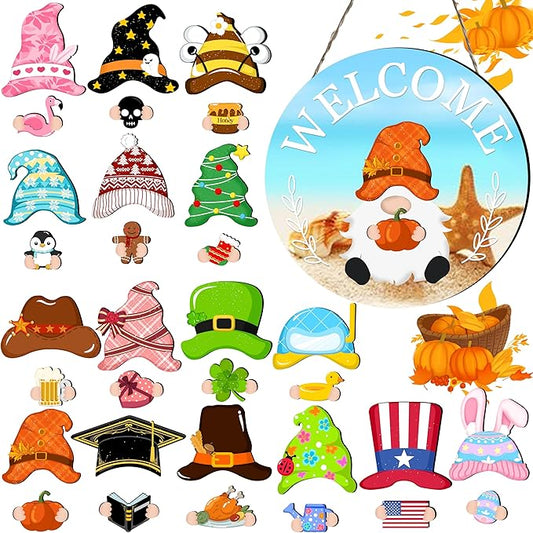 Seasonal Gnome Wall Decor Set, 11.8 inch Autumn Wooden Round Sign with Interchangeable Holiday Hats, Welcome Door Hanging (Blue-3)